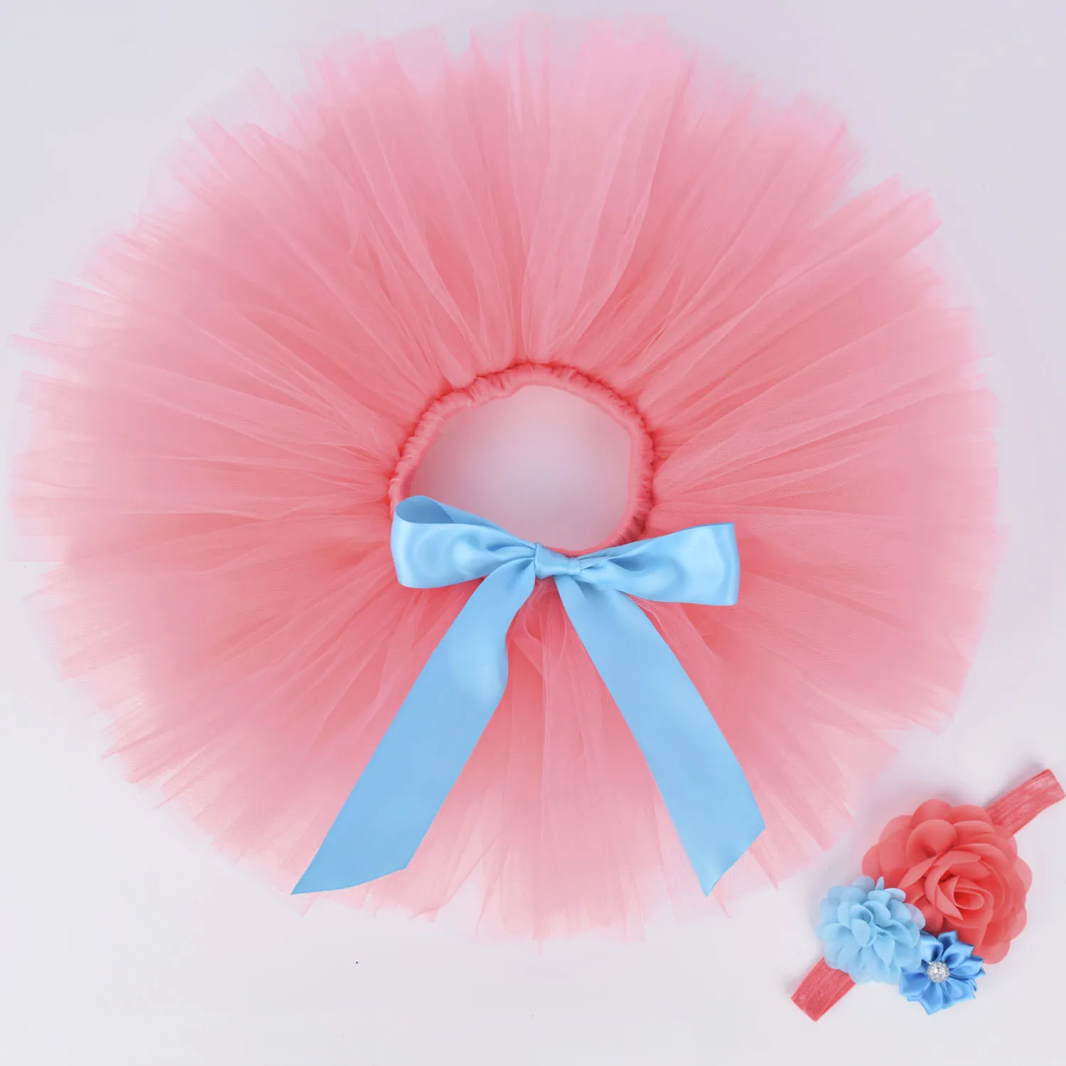 

Coral Fluffy Tutu Skirt for Girls Baby Birthday Party Tulle Skirt Flower Headband Set Newborn Photo Props Cake Smash 0-12Y