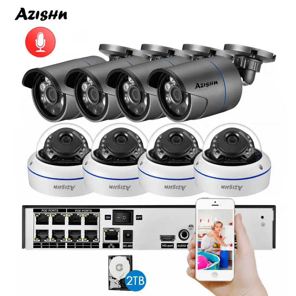 

AZISHN H.265 8CH 3MP POE NVR Kit Audio Sound CCTV System 3.0MP Dome Security IP Camera P2P Indoor Outdoor Video Surveillance Set