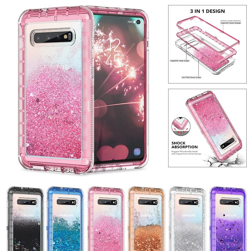 Роскошный блестящий чехол 3 в 1 с зыбучим песком для Samsung S8 S9 S10 Plus Note 9 10 20 plus S7 Edge из
