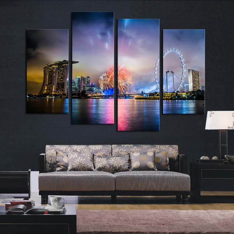 

4 large panel colorful city night high-definition images of modern home decorative wall canvas painting house decoration