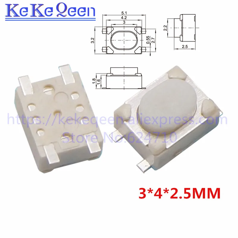 100 шт./пакет микрокнопочный тактовый выключатель SMD 4Pin 3X4X2.5MM белый тактильный тактовый Кнопка Микровыключатель мгновенного действия 3*4*2,5 мм
100 шт./пакет микрокнопочный тактовый выключатель SMD 4Pin 3X4X2.5MM белый тактильный тактовый Кнопка Микровыключатель мгновенного действия 3*4*2,5 мм