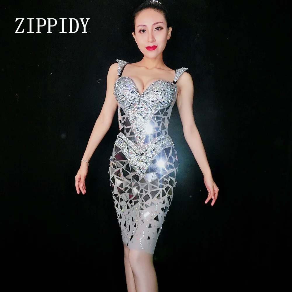 

New 2018 Sexy Sequins Mirrors Mini Dress Women Birthday Rhinestones Costume Prom Celebrate Gray Bling Stage Show Dresses