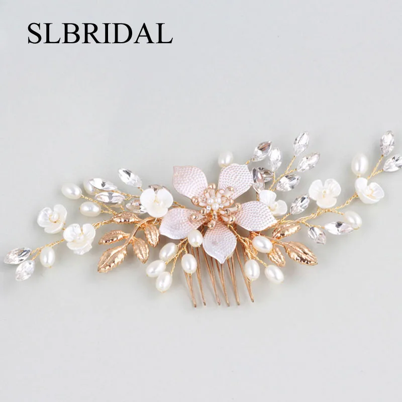 

SLBRIDAL Handmade Crystals Rhinestones Pearls Flower Wedding Jewelry Hair Comb Bridal Headpieces Hair Accessories Bridesmaids