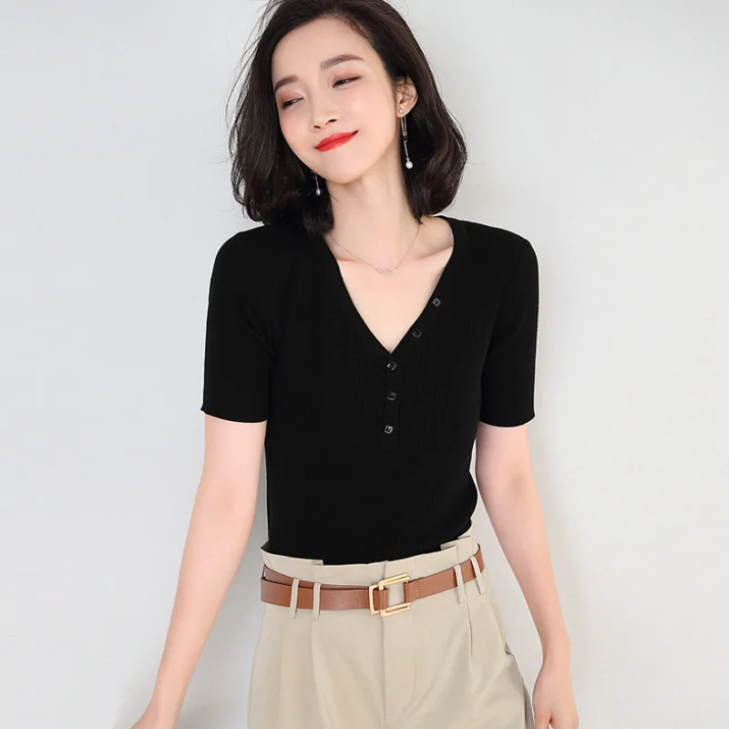 2019 Summer New Fashion Women's Sweater Korean Solid Color Knitted V-neck Short Sleeved Slim Sweater Casual Shirt Female M082
2019 Summer New Fashion Women's Sweater Korean Solid Color Knitted V-neck Short Sleeved Slim Sweater Casual Shirt Female M082