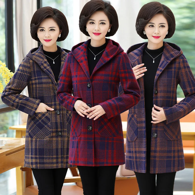 Ms. New mother's clothing spring and autumn wear loose middle and old long-sleeved hooded plaid woolen coat JQ640
Ms. New mother's clothing spring and autumn wear loose middle and old long-sleeved hooded plaid woolen coat JQ640
