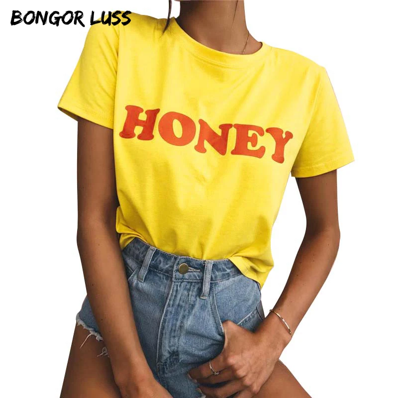 BONGOR LUSS Летняя женская футболка с медовым буквенным принтом Футболка круглым