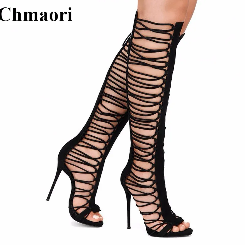 Women Fashion Designer Open Toe Black Suede Leather Straps Gladiator Boots Cut-out Knee High Thin Heel Sandal Boots
Women Fashion Designer Open Toe Black Suede Leather Straps Gladiator Boots Cut-out Knee High Thin Heel Sandal Boots