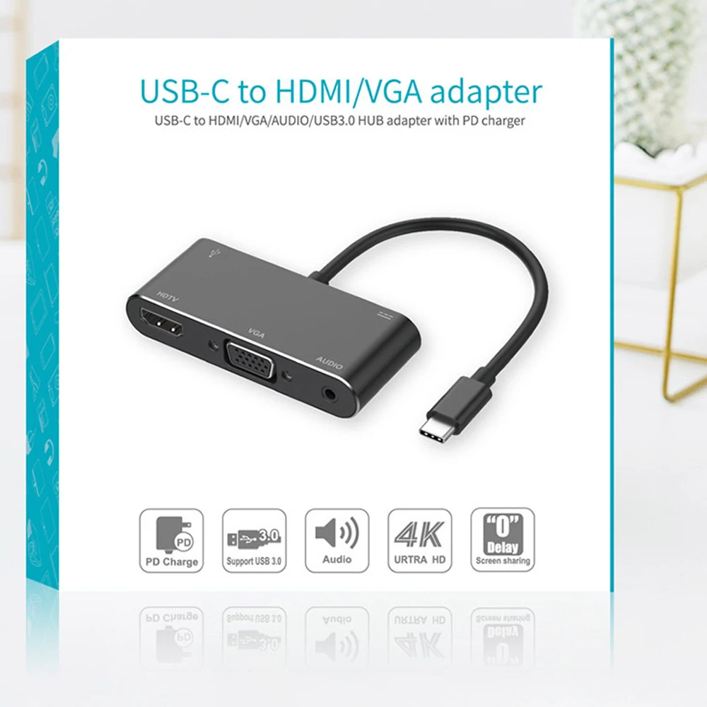 Новинка 5 в 1 USB-C Type-C к HDMI/VGA/USB3.0/PD (зарядка)/3 мм аудио USB концентратор адаптер