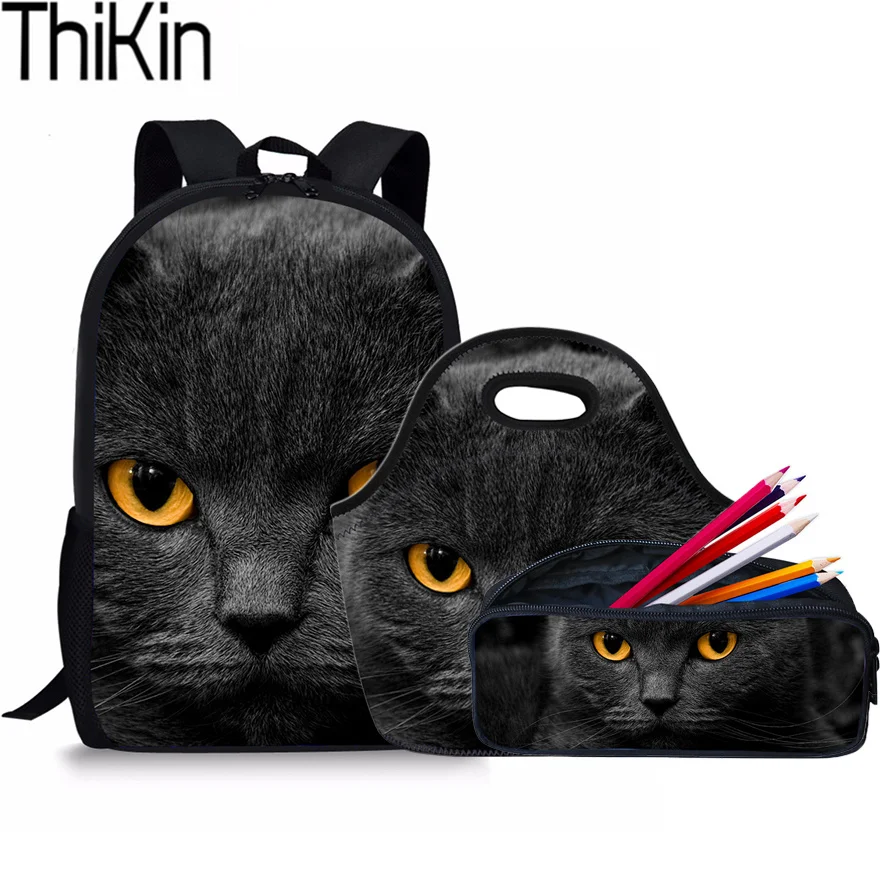 Школьная сумка THIKIN 3 шт./компл. с принтом черного кота для детей|Школьные ранцы| |