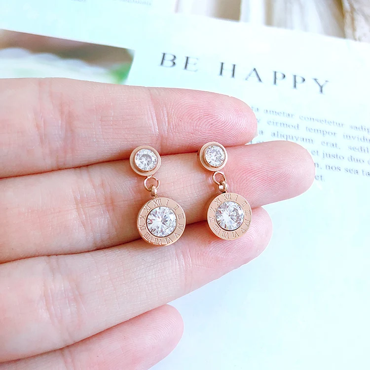 

YUN RUO New Arrival Fashion Roman Number Zircon Earring Rose Gold Color Woman Birthday Gift Titanium Steel Jewelry Never Fade