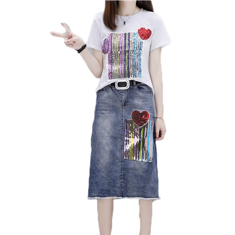 Summer New Korean Fashion Sequins Short-Sleeved White T Shirt & Denim Two-Piece Clothing Set Women Jean Skirt Suits S-XXL
Summer New Korean Fashion Sequins Short-Sleeved White T Shirt & Denim Two-Piece Clothing Set Women Jean Skirt Suits S-XXL