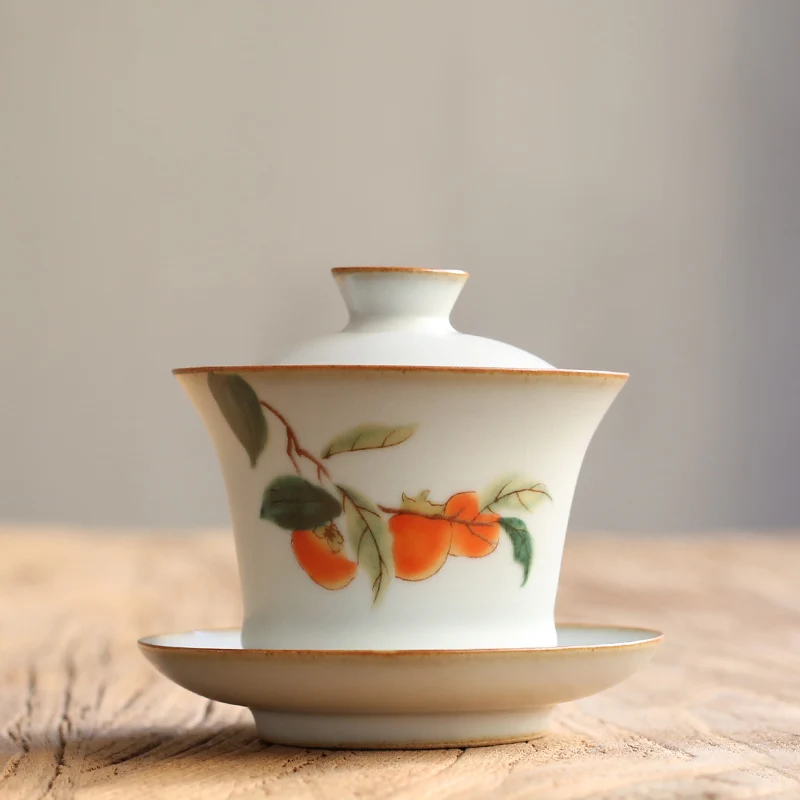 

PINNY 160ML Your Kiln Retro Ceramic Gaiwan Handpainted Persimmon Porcelain Tea Tureen Chinese Kung Fu Tea Service Pigmented