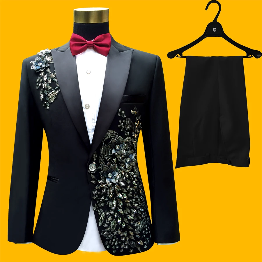Black Three Pieces Set Men's Singers Suits Sequins Embroidered Flower Wedding Party Suits Tuxedo For Men Bridegroom Groomsmen
Black Three Pieces Set Men's Singers Suits Sequins Embroidered Flower Wedding Party Suits Tuxedo For Men Bridegroom Groomsmen