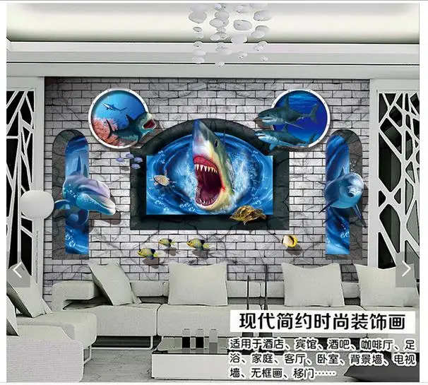 

Пользовательские 3d фото обои 3d настенные фрески обои 3 d кирпичная стена дельфины и акулы фоновая стена 3d обои для гостиной