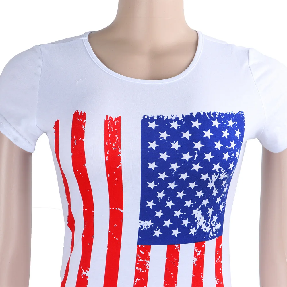 Adogirl o neck the Stars and Stripes white casual tee shirts USA flag leisure cotton t shirt simple women tops | Женская одежда