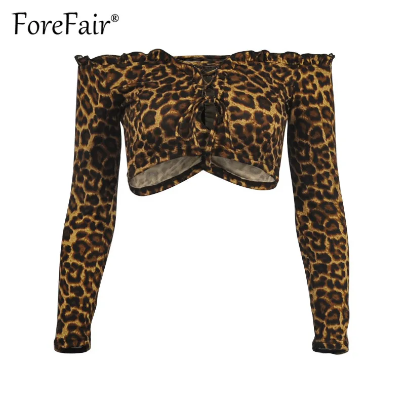 Forefair/Винтажный укороченный топ с леопардовым принтом и длинными рукавами 2018