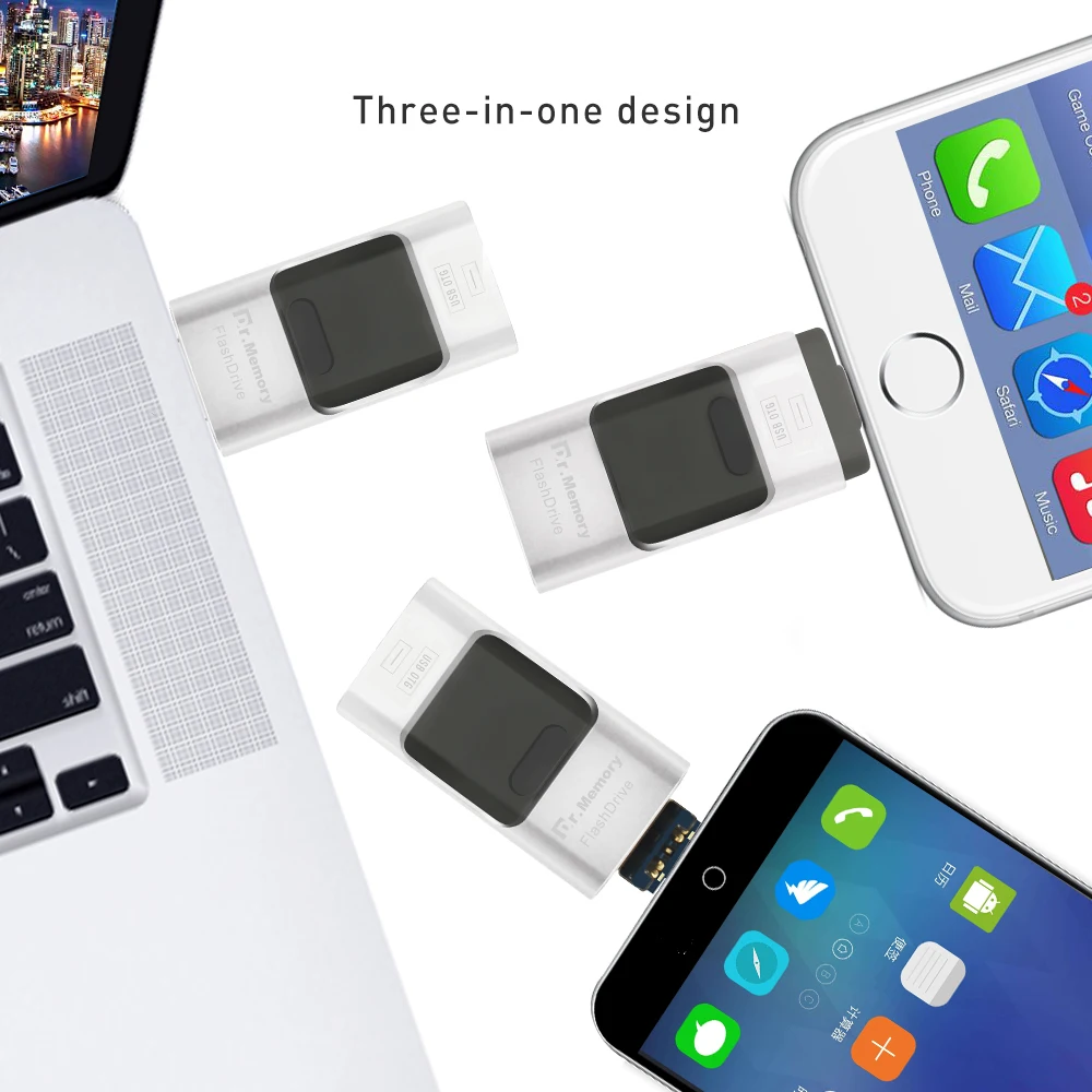 Металлический USB флеш накопитель Dr. Memory OTG для Apple iPhone 5S SE 6 6S Plus 7 3 в 1 металлический