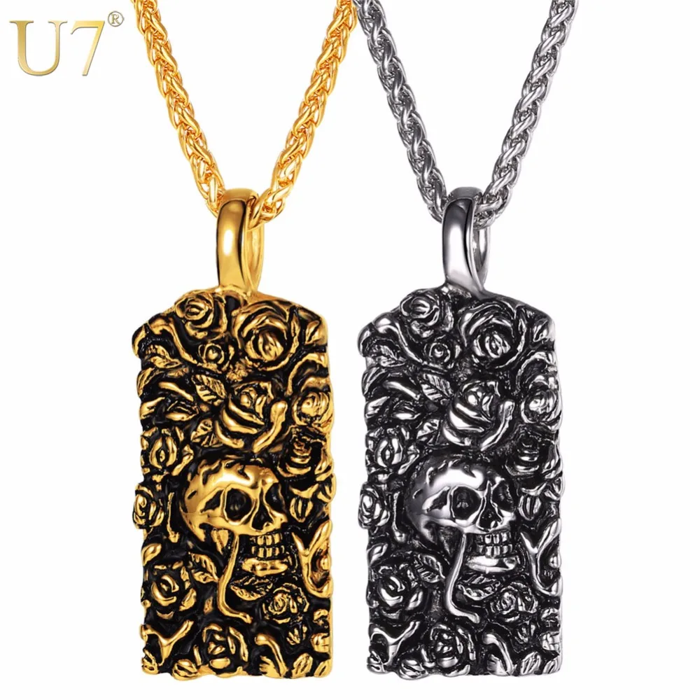 U7 Necklace Punk Diablo Style Skull Surrounded By Rose Flower Stainless Steel Pendant & Chain Gold Color Jewelry Necklaces P1139
U7 Necklace Punk Diablo Style Skull Surrounded By Rose Flower Stainless Steel Pendant & Chain Gold Color Jewelry Necklaces P1139