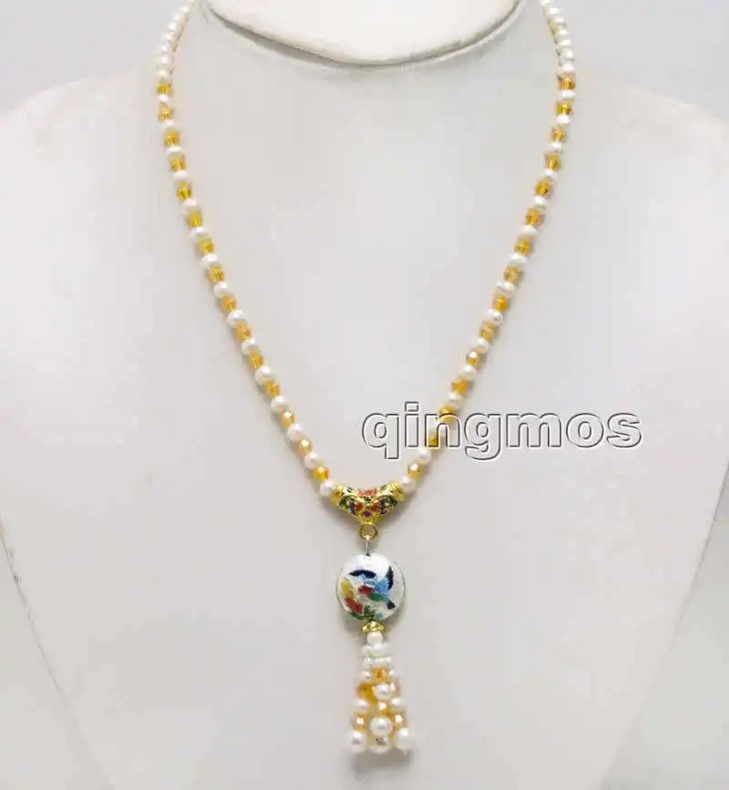 5-6mm White Round Natural Pearl with Orange crystal & 18mm Cloisonne pendant 18'' Necklace-nec6386
5-6mm White Round Natural Pearl with Orange crystal & 18mm Cloisonne pendant 18'' Necklace-nec6386