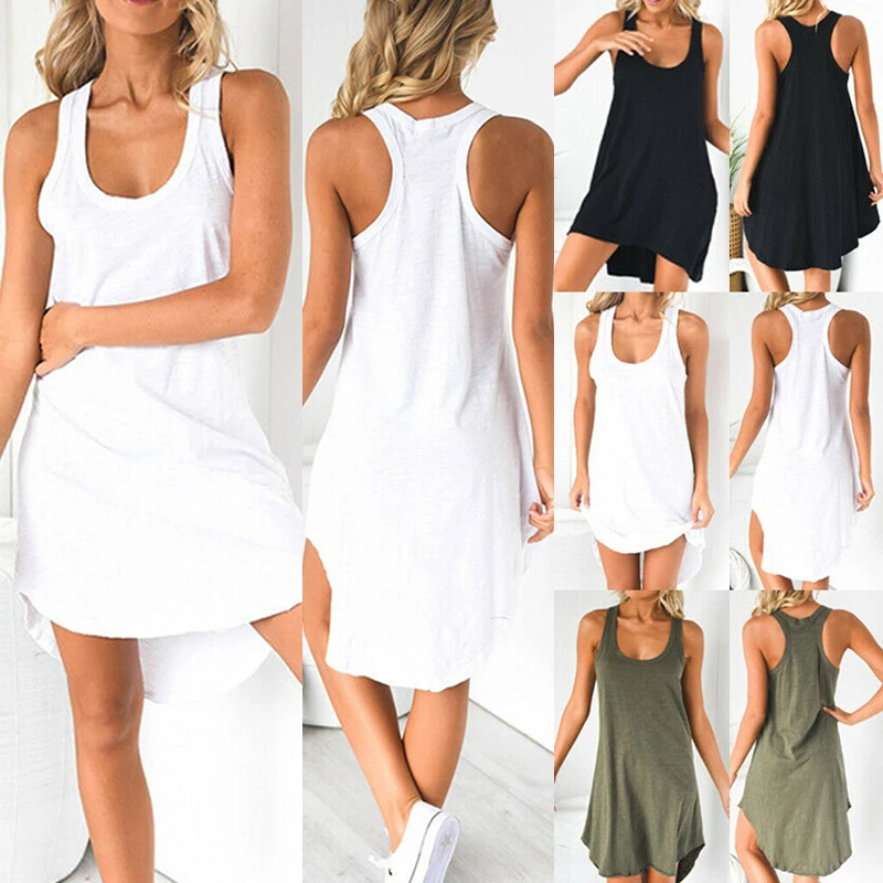 

Summer Womens New Beautiful Solid Sleeveless Scoop Neck Asymmetric Vest Mini Dress Ladies Summer Beach Holiday Sundress 2019