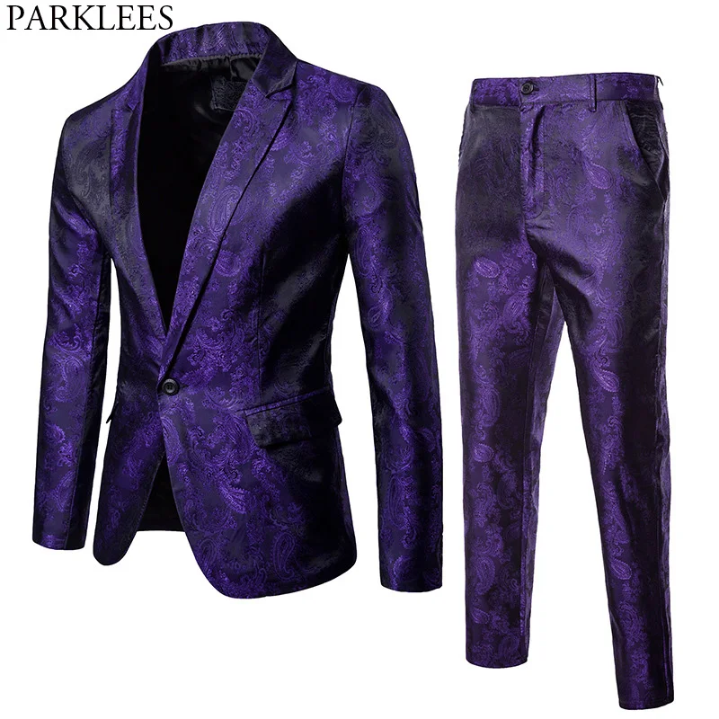 

Purple Paisley Floral Gilding One Button Suit ( Jacket+Pants) Men 2018 Stage Party Weeding Tuxedo Blazer Men Terno Masculino 2XL