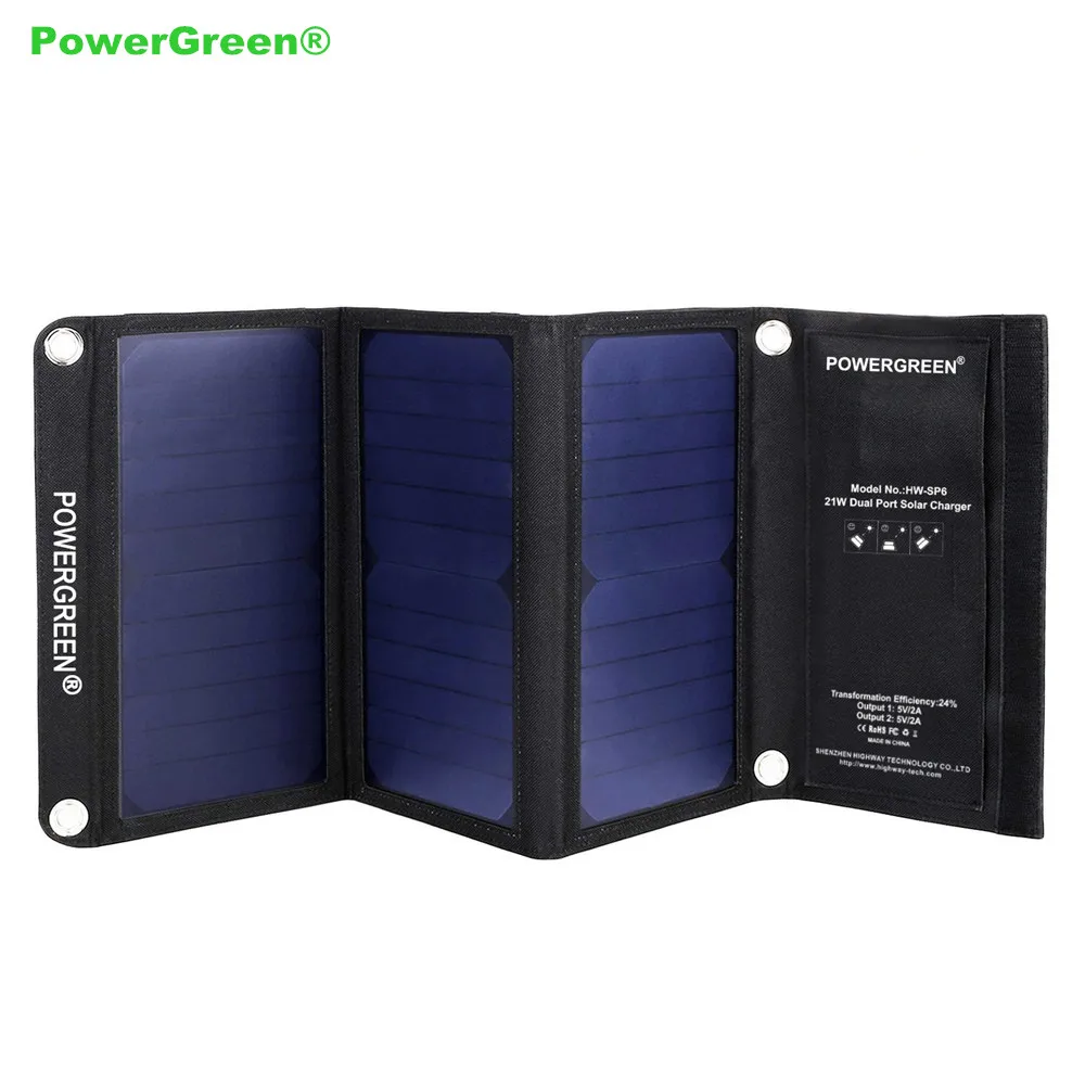 2021 Новый PowerGreen 21W Солнечное Зарядное устройство складной двойной USB Панель
