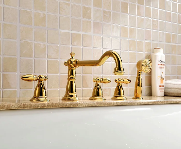 Contemporary gold PVD 5 Holes widespread Bathtub shower Faucet with Hand Shower deck mounted new
Contemporary gold PVD 5 Holes widespread Bathtub shower Faucet with Hand Shower deck mounted new