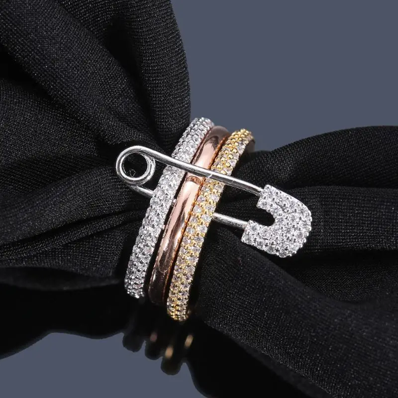 Wide Finger Rings Set For Women Safety Pin Design Ring Band Cubic Zircon Ring Pave Setting Female Fashion Jewelry Women