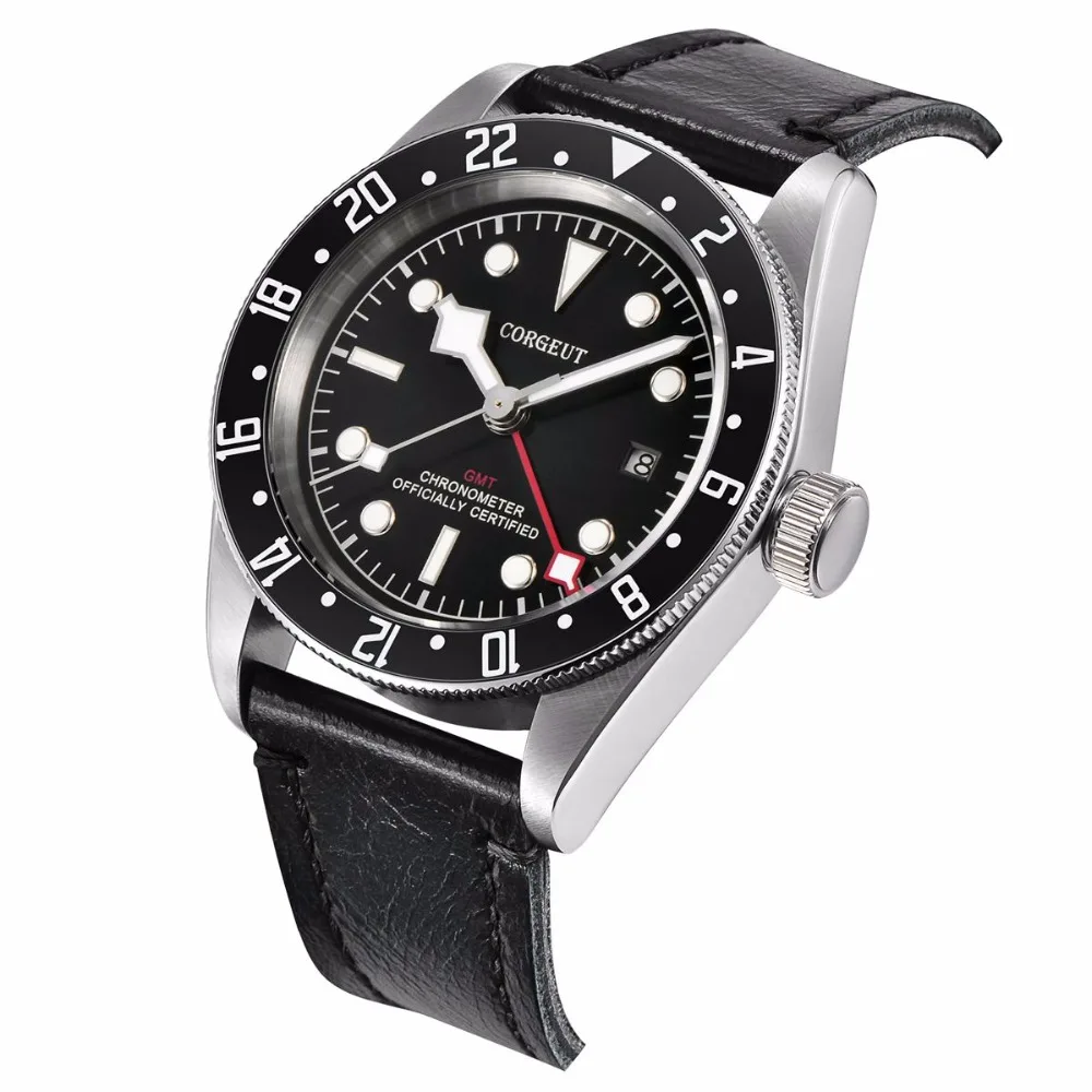 Corgeut Роскошные брендовые механические часы с сапфировым стеклом GMT Мужские