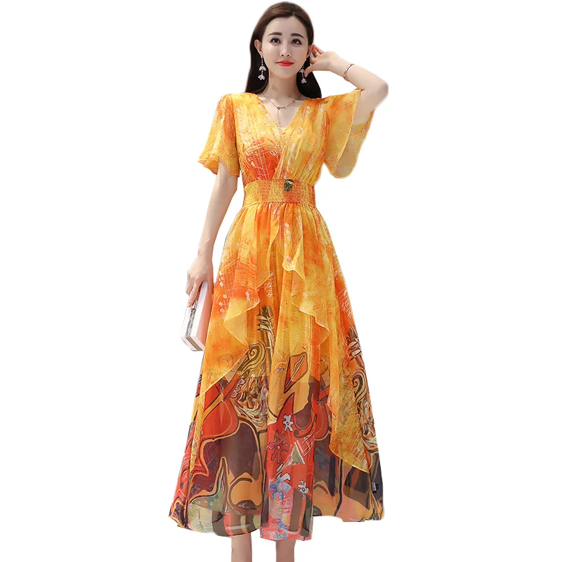 Printed Chiffon Dress Woman Bohemian Style Slim V-collar Sexy Flounced Long Dress Elegant Women Summer Beach Dress Plus size 258
Printed Chiffon Dress Woman Bohemian Style Slim V-collar Sexy Flounced Long Dress Elegant Women Summer Beach Dress Plus size 258