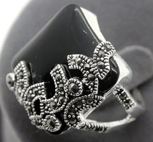 

fashion design Square 925 Sterling Silver 22*20mm Natural Black Natural JADE Gems Marcasite Ring Size 7/8/9/10