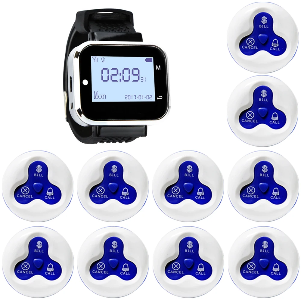 Колокольчики Беспроводной вызова Системы 10 кнопки 1 часы пейджер для ресторана