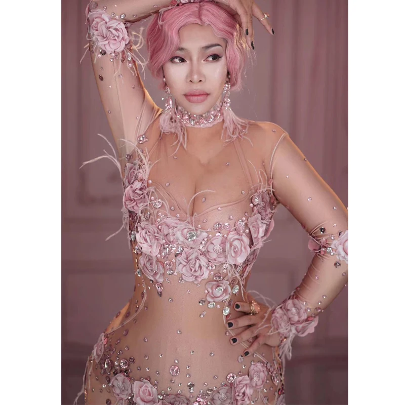 Women Singer Performance Costume Fashion Pink Flowers See Through Long Dress Design Mesh Stretch Party Stage DJ507 | Тематическая