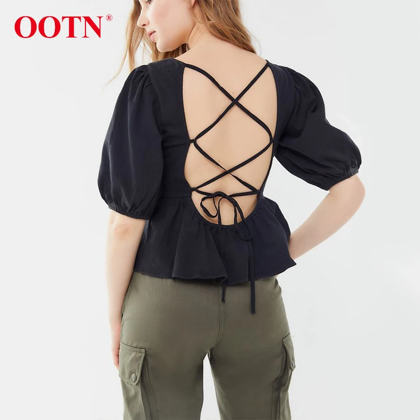 OOTN Sexy Backless Lace Up Black Shirt Puff Sleeve Womens Tops And Blouses Casual O Neck 2019 Summer Peplum Tops Female Tunic
OOTN Sexy Backless Lace Up Black Shirt Puff Sleeve Womens Tops And Blouses Casual O Neck 2019 Summer Peplum Tops Female Tunic