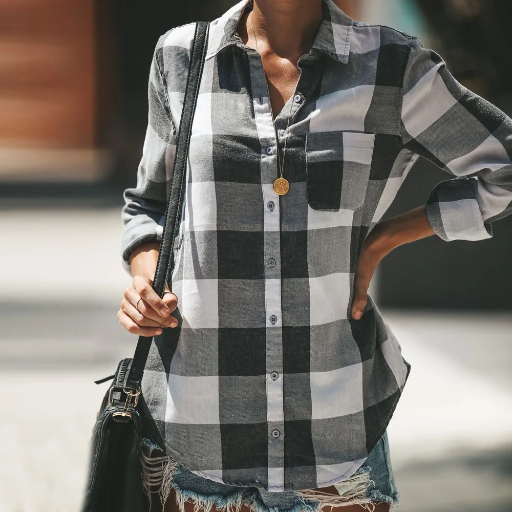 Для женщин решетки печати Повседневное camisas mujer Сорочка Роковой koszula damska топ