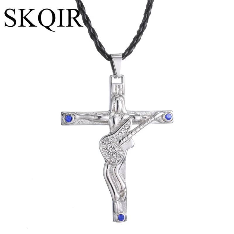 SKQIR Clear Blue Zircon Johnny Hallyday Guitar Cross Necklace For Men Women Jewelry Leather Chain Kolye Christian Crucifix Gift
SKQIR Clear Blue Zircon Johnny Hallyday Guitar Cross Necklace For Men Women Jewelry Leather Chain Kolye Christian Crucifix Gift
