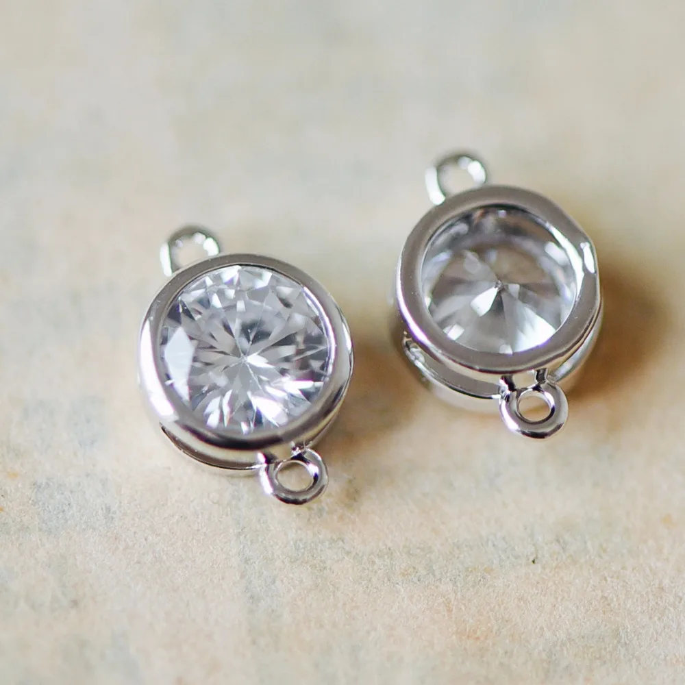 

10pcs Silver Bezel Gemstone Connector 7x11mm, Real Rhodium Plated Brass, Clear Zircon CZ Charms, Lead Nickel Free (GB-260)