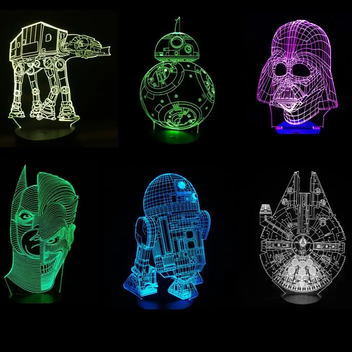 3D светодиодный светильник Звездные войны модель BB8 ходунок Дарт Вейдер R2D2 сокол