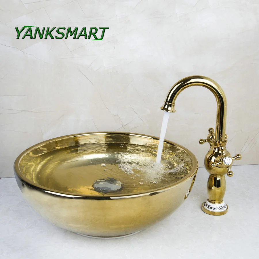 YANKSMART Lavatory Bathroom Double Handle Golden Swivel Tap Washbasin Luxury ceramic Sink Set Bath Brass Mixer Faucet
YANKSMART Lavatory Bathroom Double Handle Golden Swivel Tap Washbasin Luxury ceramic Sink Set Bath Brass Mixer Faucet