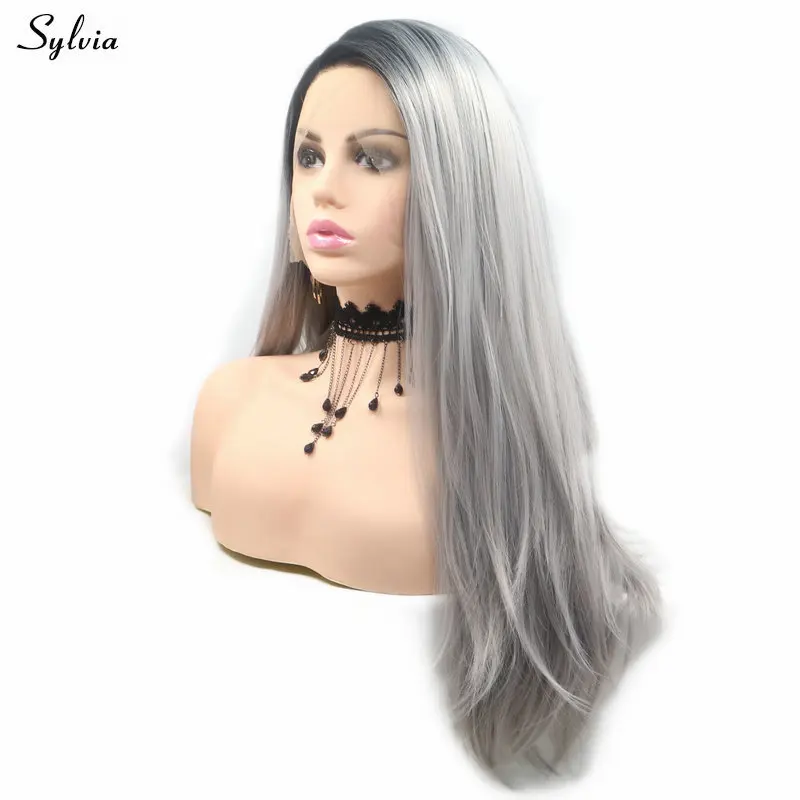Sylvia Black Root Ombre Grey Color Synthetic Lace Front Wigs Natural Hairline High Temperature Fiber Side Part Hair Drag Queen | Шиньоны и