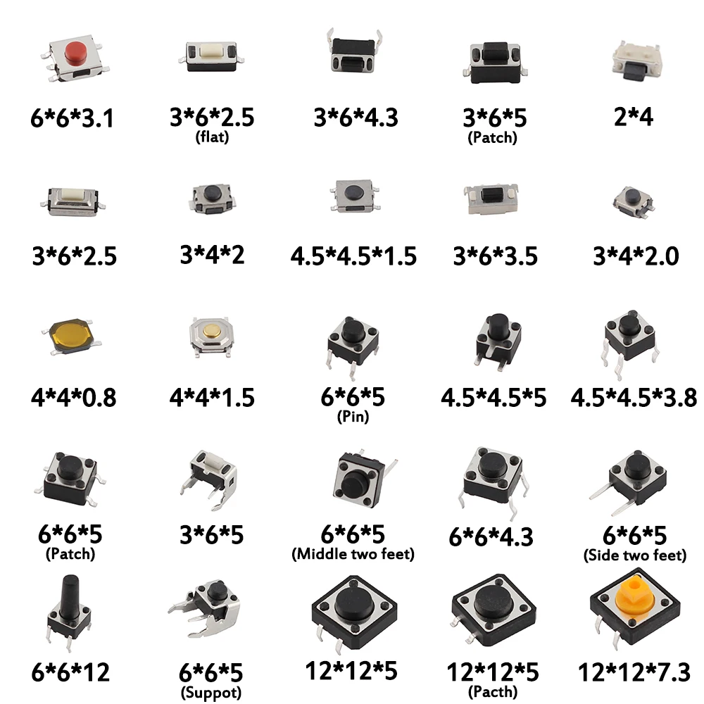 125pcs 25Types/lot Assorted micro switch push button Tact touch Switches SMD DIP Reset Mini Leaf Switch 2*4 3*6 4*4 6*6 diy kit
125pcs 25Types/lot Assorted micro switch push button Tact touch Switches SMD DIP Reset Mini Leaf Switch 2*4 3*6 4*4 6*6 diy kit