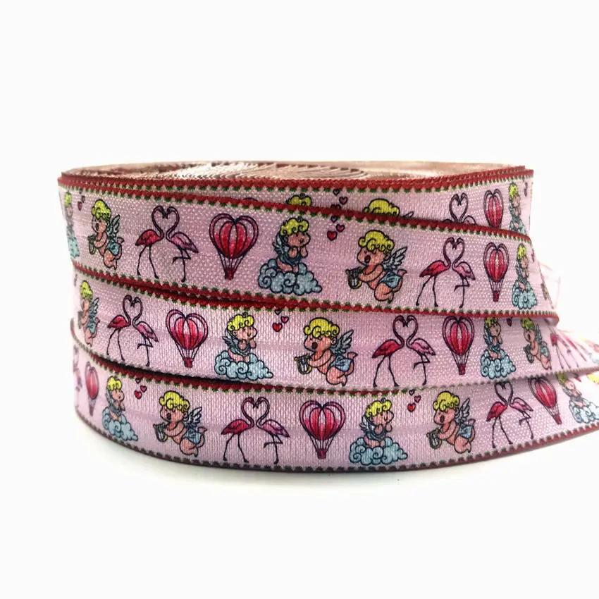 

5 Yards 16mm Kids Angel Love Printed fold over elastic bands DIY Crafts Hair Accessories wedding Party decoration