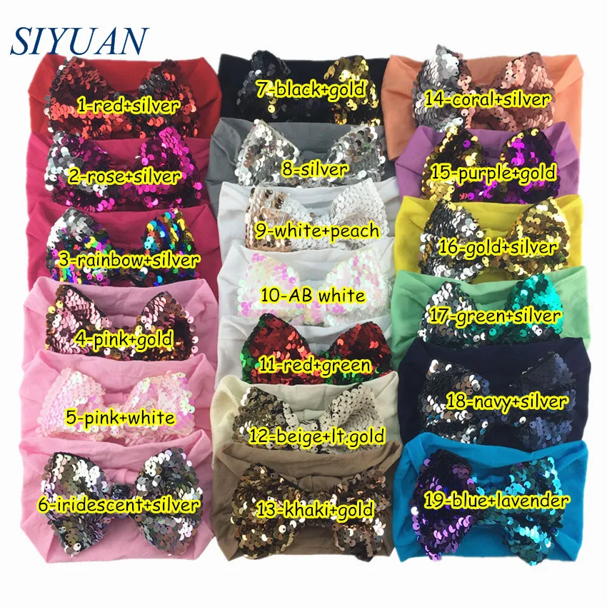 1pcs/lot 4 inch Reversible Sequin Bow Knot Headband Wide Nylon Hairband Kids Lovely Headwear Bright Colors Photo Props HB086 | Аксессуары