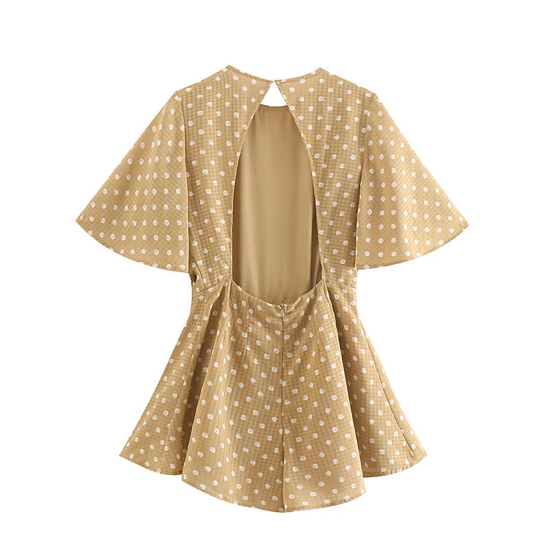 Vintage polka dot O neck Bodysuits Women drawstring bow tie short sleeve Streetwear Playsuits Casual Body Femme | Женская одежда