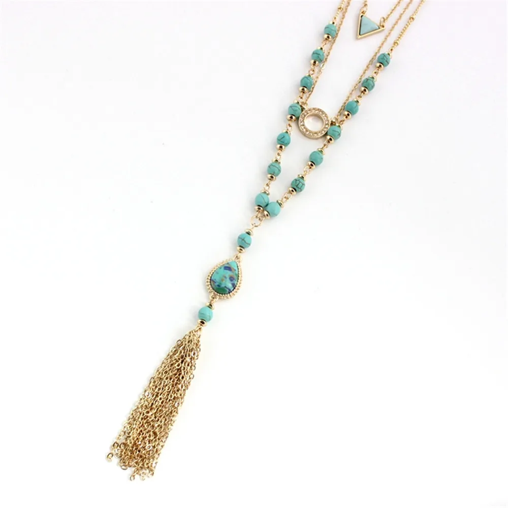 XQ Free shipping The new fashion Long tassels personality Green pine bead layers Three of triangle necklace | Украшения и