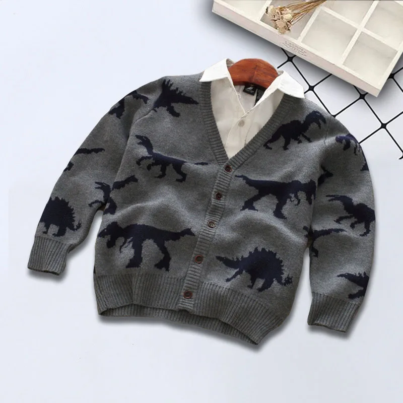 Вязаный кардиган для мальчиков с принтом животных Детский свитер куртка Одежда