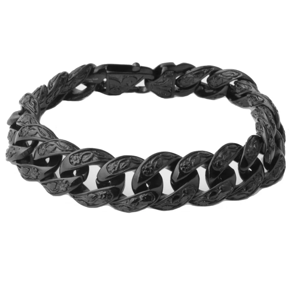 Punk Jewelry Carving Flower Shape Stainless steel Black Tone Cuban Curb Chain Men's Boy's Bracelet Bangle 9"*15mm Christmas Gift
Punk Jewelry Carving Flower Shape Stainless steel Black Tone Cuban Curb Chain Men's Boy's Bracelet Bangle 9"*15mm Christmas Gift