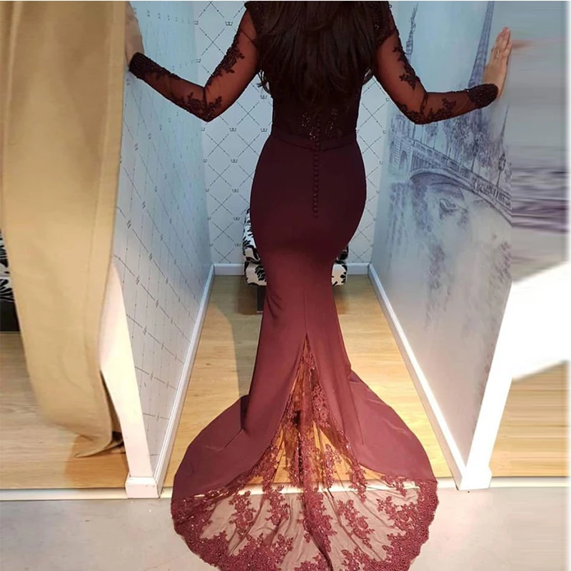 Mermaid V-neck Evening Dresses Illusion Long Sleeves Appliques Beaded Women Formal Party Dresses Burgundy Trumpet Evening Gowns
Mermaid V-neck Evening Dresses Illusion Long Sleeves Appliques Beaded Women Formal Party Dresses Burgundy Trumpet Evening Gowns