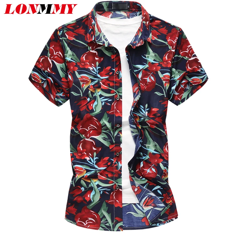 Фото LONMMY плюс размер 6XL мужские рубашки с коротким рукавом Цветы camisas Повседневная