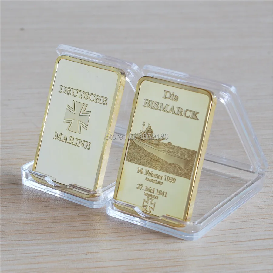 WW2 Medal Deutsche Marine 999 24k Gold Plated Bar Germany Die Bismarck Ship, 5pcs/lot Free shipping
WW2 Medal Deutsche Marine 999 24k Gold Plated Bar Germany Die Bismarck Ship, 5pcs/lot Free shipping